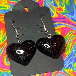 Black Clay Glittery Heart Earrings